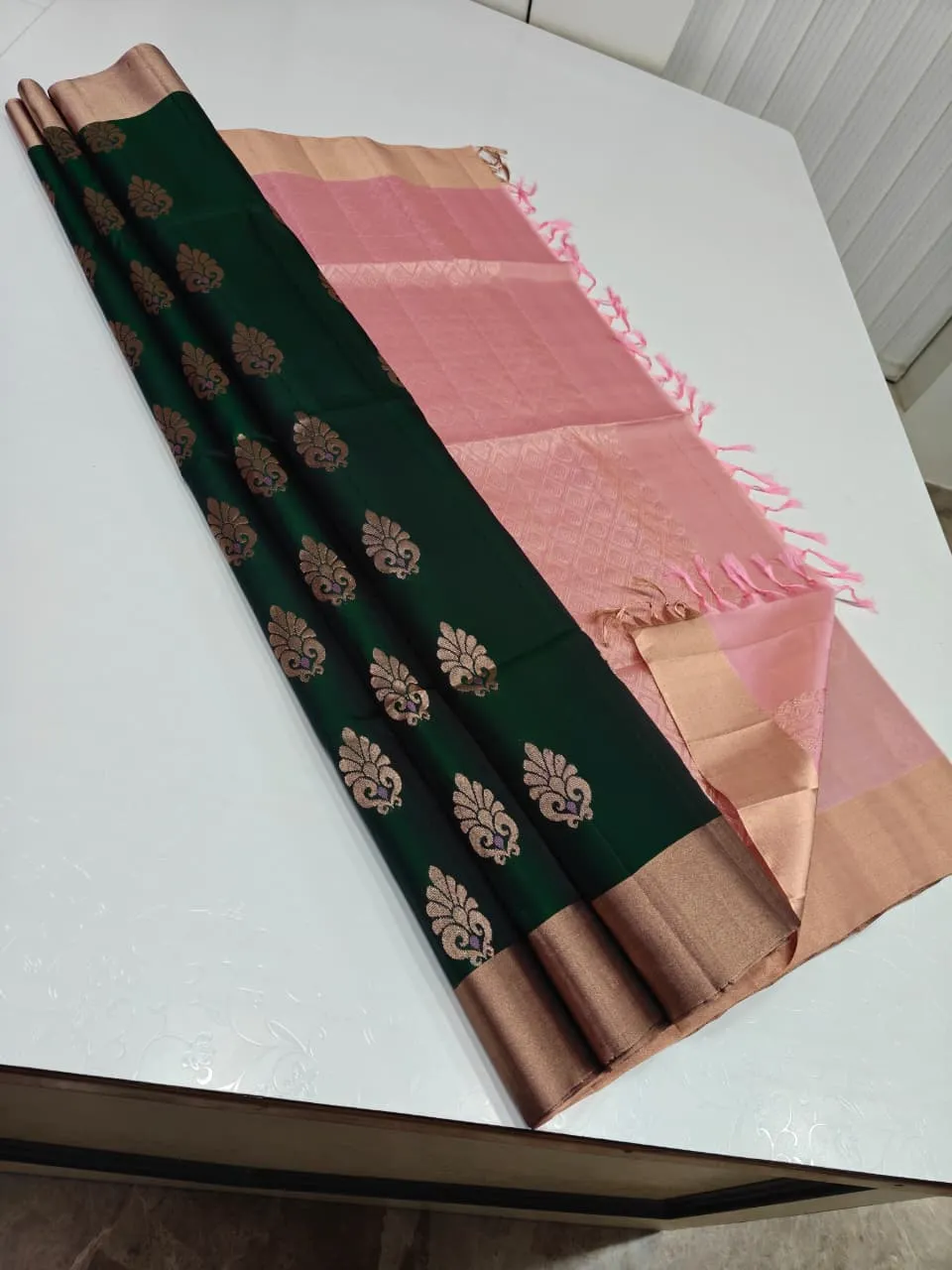 Bottle Green & Baby Pink Soft Silk Saree